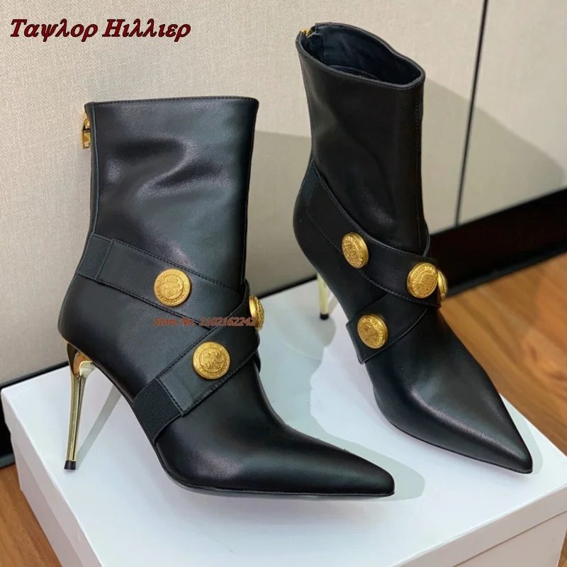 Street Fashion Female - Autumn New Metal Button Ankle Boots