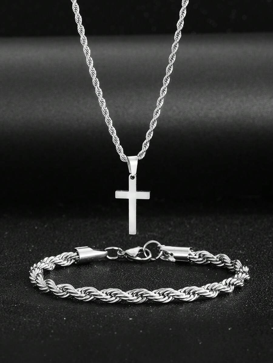 Street Fashion Necklace - 1 Set Stainless Steel Cross Pendant