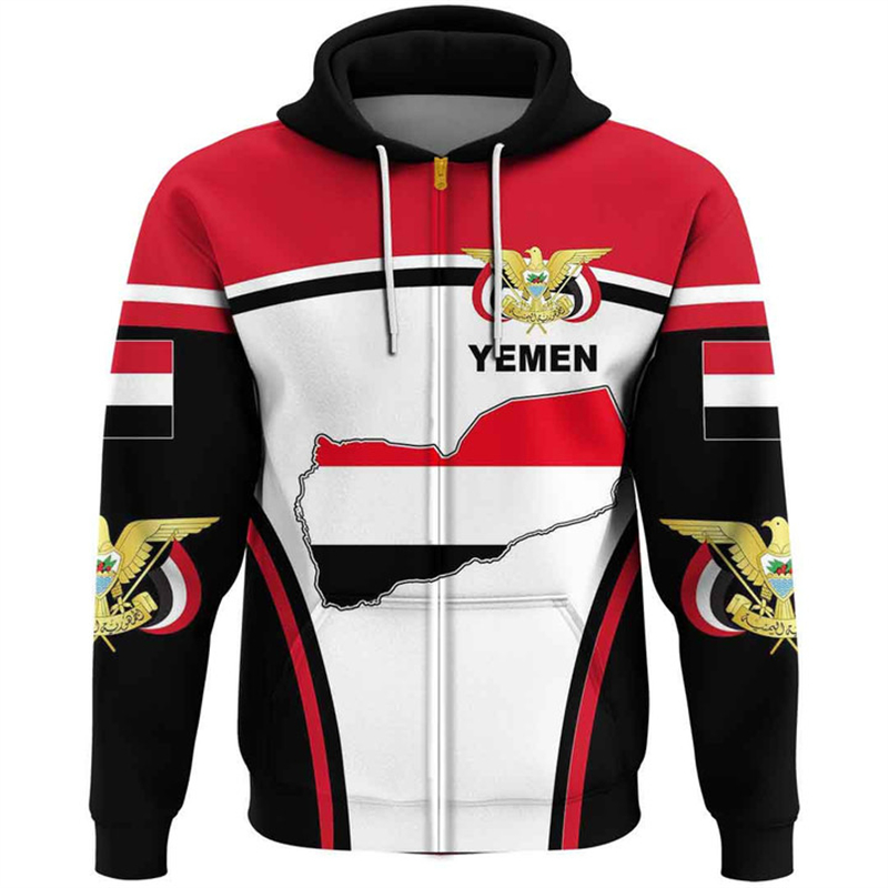 Street Fashion Zip Up Hoodie - Vintage Men's Hoodie Yemen Flag Pattern