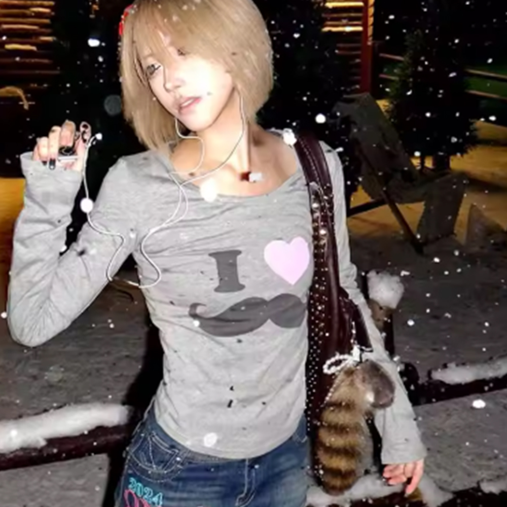 Street Fashion Vintage - Japanese Y2K Beard Print T-Shirt Vintage