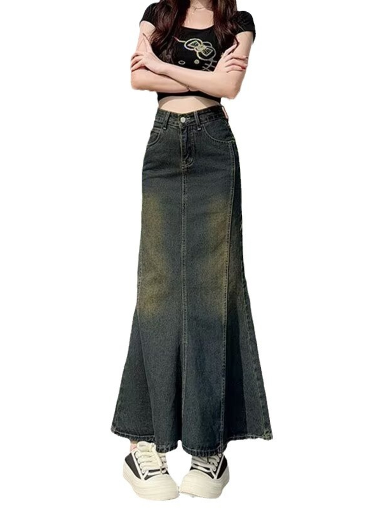 Street Fashion Vintage - Women's Vintage Washed Denim Mermaid Maxi