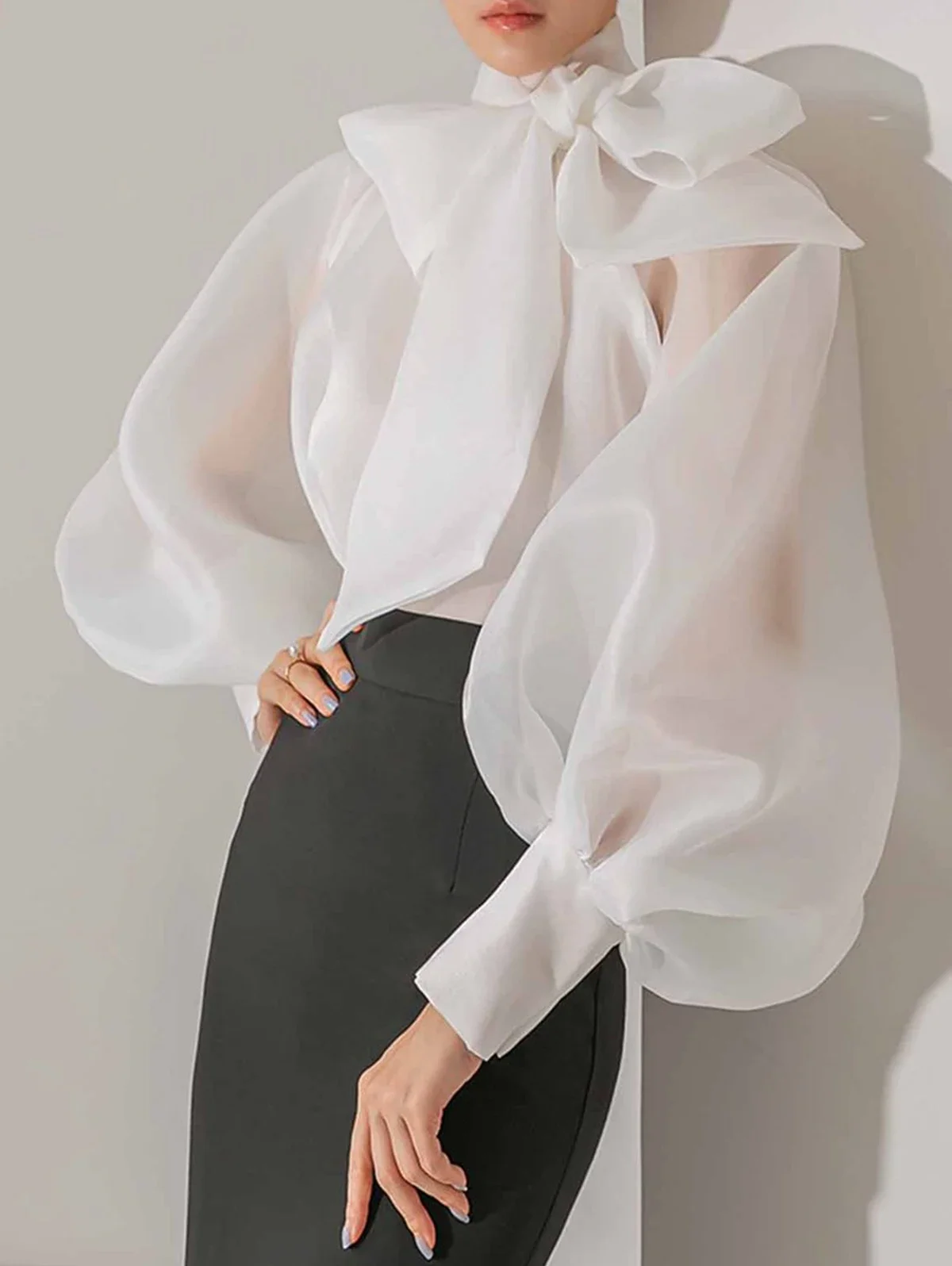 Street Fashion Necklace - Women's Elegant Lantern Sleeve Shirt Chiffon
