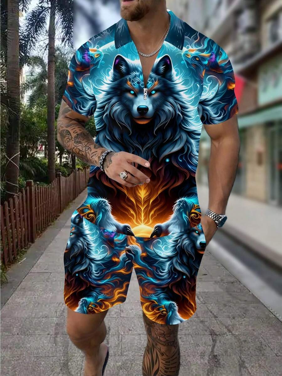 Men's Fashion 3D Wolf Print Zi - Street Fashion Style review and price