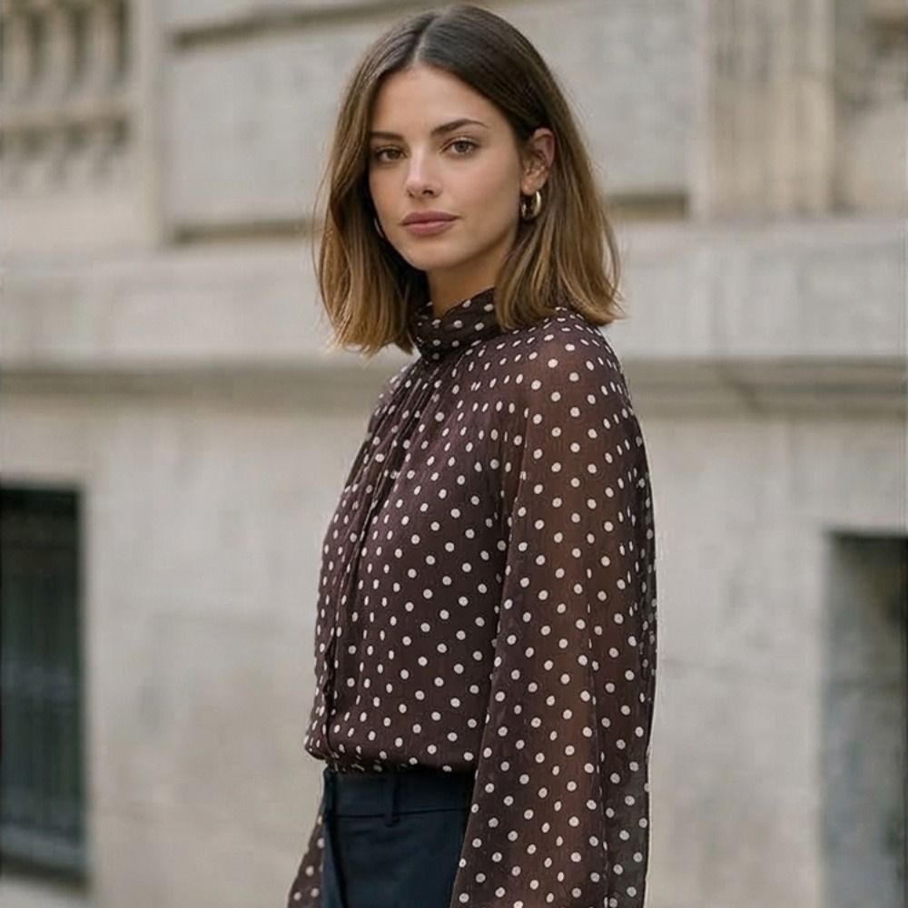 Long Sleeve Dots Printed Blous - Street Fashion Necklace review and price
